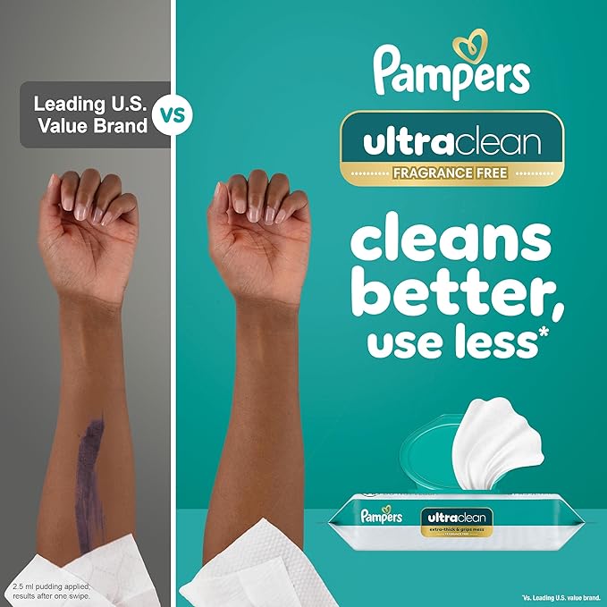 Pampers Ultraclean Baby Wipes (Previously 'Free & Gentle'), 99% Water, Hypoallergenic, Unscented, 100% Plant Based, Plastic-Free, 624 Wipes Total (8X Flip-Top Packs)
