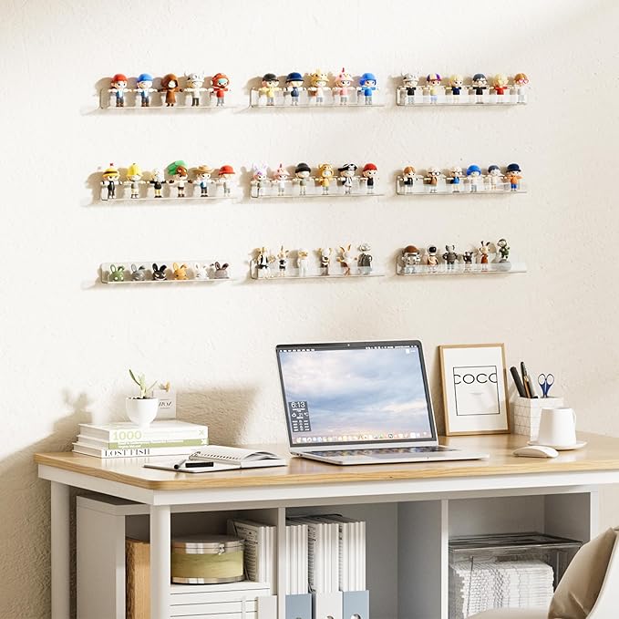 upsimples 6 Pack Clear Acrylic Shelves, 1.7" x12" Nursery Bookshelves, Small Floating Bookshelf for Kids Baby, Vinyl Wall Mount, Record Holder, Magazine Rack, Comic Display, Picture Ledge Shelf Décor