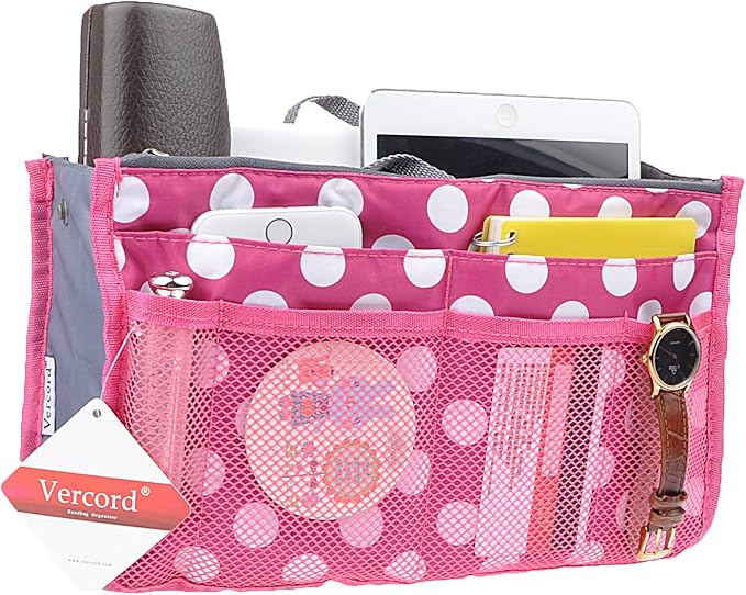 Vercord Purse Organizer Insert for Handbags Bag Organizers Inside Tote Pocketbook Women Nurse Nylon 13 Pockets Rose Dot Large