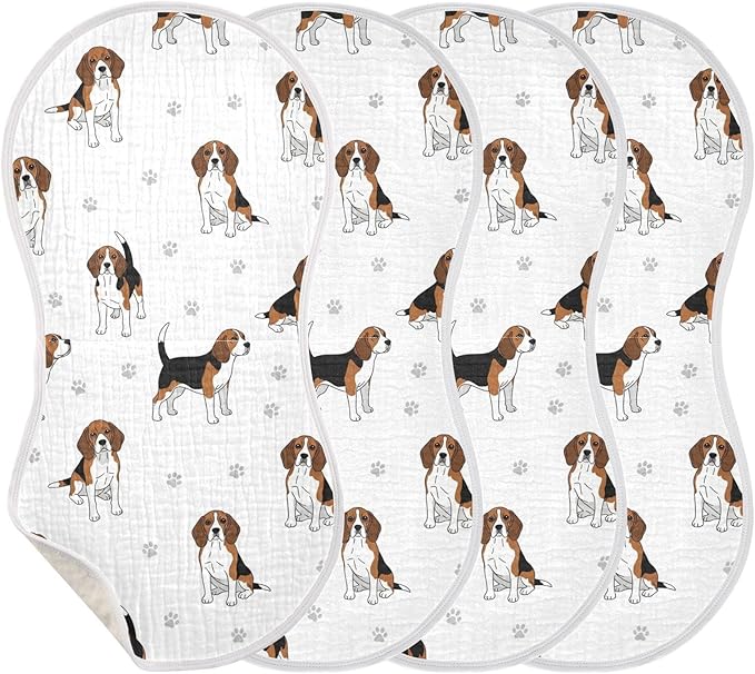 Qinllo 4 Pack Muslin Burp Cloths Beagle Dogs Paw White Cotton Baby Burp Cloths Extra Absorbent and Soft Burping Cloth for Newborn Babies Boys Girls 22x11 Inch