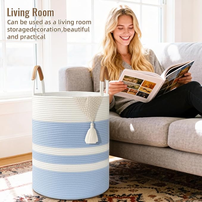 Degeyoyo 60L Striped Laundry Basket, Blue Laundry Hamper with Leather Handles, Woven Cotton Rope Storage Bin for Blankets, Nursery Hamper for Clothes, Toys In Bathroom, Livingroom, Bedroom