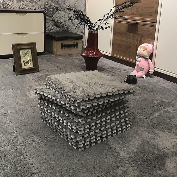 12pcs Plush Puzzle Foam Floor Mat, Soft Thicken Fluffy Interlocking Square Foam Tiles Area Rugs Carpet for Parlor Bedroom Decoration(11.8x11.8x0.4in, Grey)