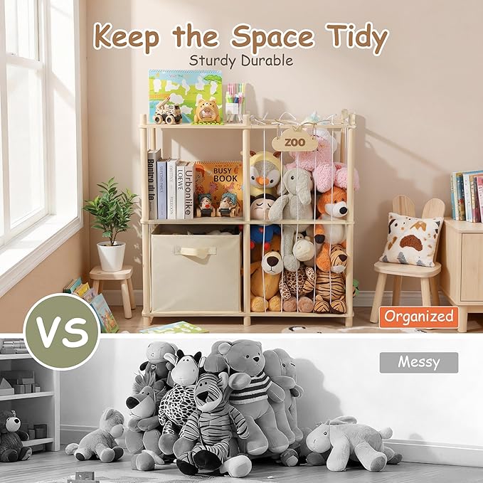 LAMU Stuffed Animal Storage and Kids Bookshelf, Wooden Toy Organizer with Large Toy Box Chest, Kids Bin Shelf Toys Box Bookcase, Stuffed Animal Zoo Holder for Bedroom Playroom Nursery