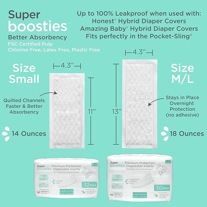 Overnight Diaper Leak Stopper, Super Boosties Disposable Inserts, Use with Pampers Sizes 4-6, Honest Hybrid Diaper Cover Sz Medium/Large, Amazing Baby Cover Sz 3/4, 4.3x13 in, 30 Count