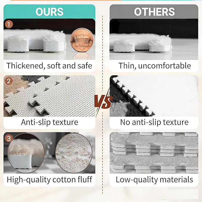 16pcs 0.6" Thickened Interlocking Tile Mats,Fluffy Shaggy Soft EVA Foam Area Rug for Living Room & Bedroom,Non-Slip Protective Floor Carpet Play Mat Kids Baby Dorm Home Decor (11.8ft, Black)