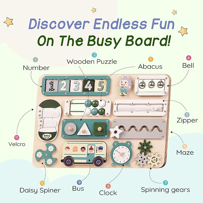 KALOTOYS Large Busy Board Montessori Toys for 1 2 3 Year Old - Sensory Toys for Toddlers 1-3 - Fine Motor Skills & Early Learning - Montessori Gift for Boys & Girls - Travel-Friendly & Safe (Green)