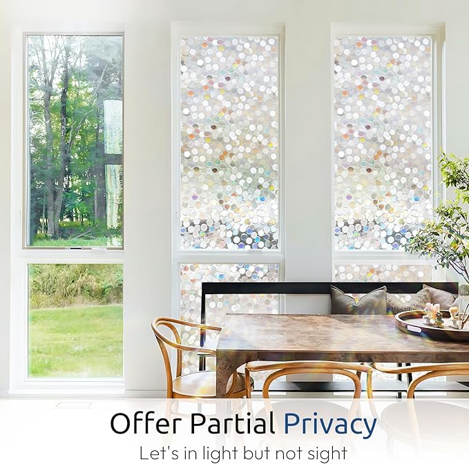 rabbitgoo Window Privacy Film, Rainbow Stained Glass Window Film, 3D Decorative Static Cling Coverings Non-Adhesive, Removable Glass Stickers for Home Door, Circle Design, 17.5" x 78.7"