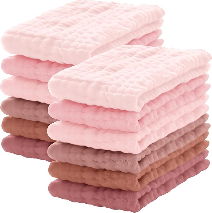 Lovely Care 12 Pack Muslin Burp Cloths 100% Cotton Muslin Cloths Large 20''x10'' Extra Soft and Absorbent Baby Burping Cloth - Blush and Terracotta