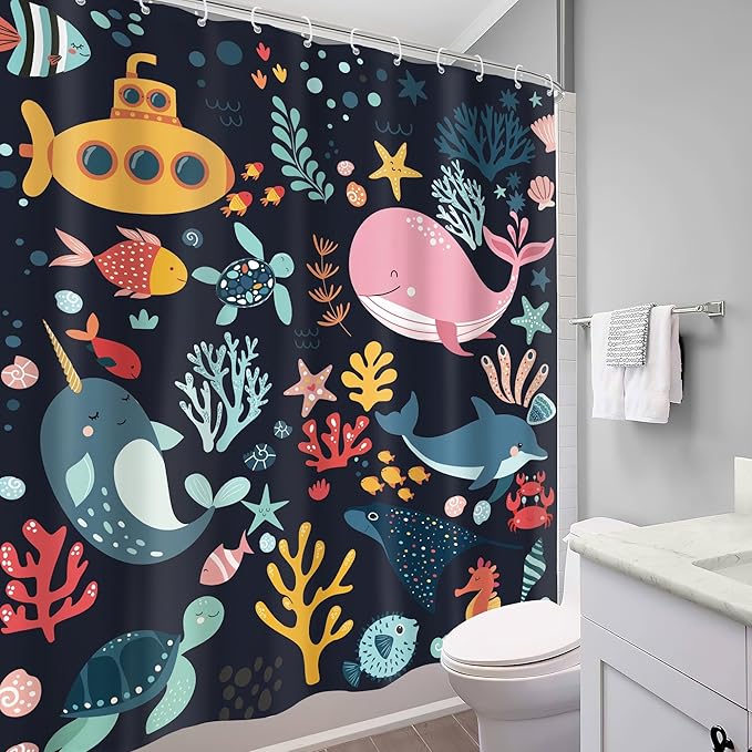Kids Shower Curtain Ocean Whale Cute Cartoon Funny Sea Animal Fish Bathroom Decor Underwater Coastal Submarine Nursery Baby Boys Girls Black 60Wx72H Bath Curtain Fabric Polyester 12 Pack Hooks