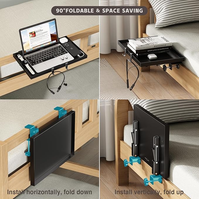 Magheo Foldable Bedside Shelf, Metal Clip-On Bunk Bed Table Shelf for Top Bunk Heavy Duty Bed Side Table Tray for College Dorm Room Essentials, Loft Nightstand Organizer Tray with 3 Cord Hole(Black)