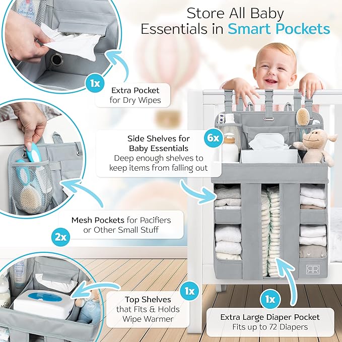 ROYAL RUSU Premium Hanging Diaper Caddy Organizer – Nursery Storage Caddy for Baby Essentials – Ideal Gift for Boys & Girls – Fits Crib, Changing Table, Playard, Wall & Door
