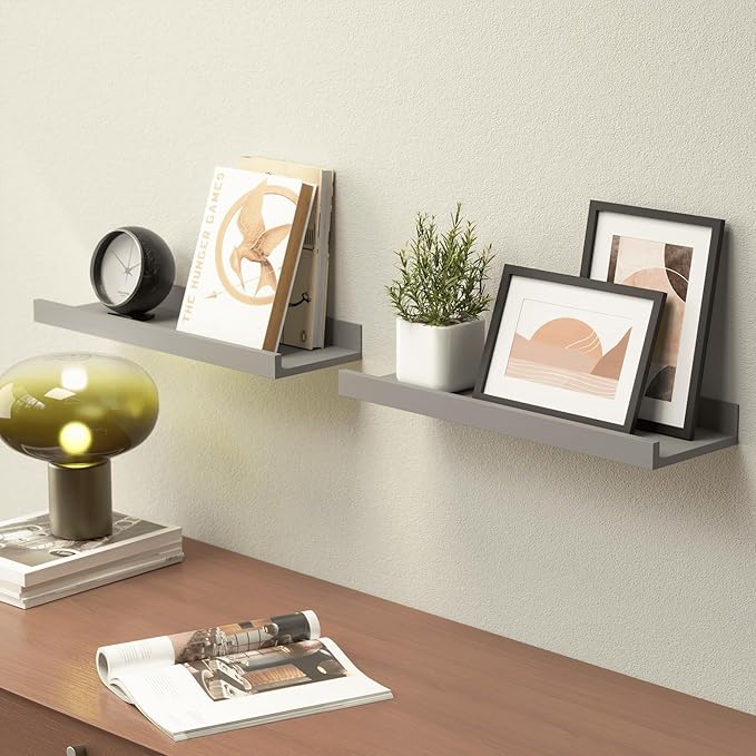 Floating Shelves for Wall, Wall Shelves Set of 2, Bedroom Shelves with Lip, Display Picture Ledge Shelf for Wall Decor Bedroom Living Room Bathroom Kitchen - Grey