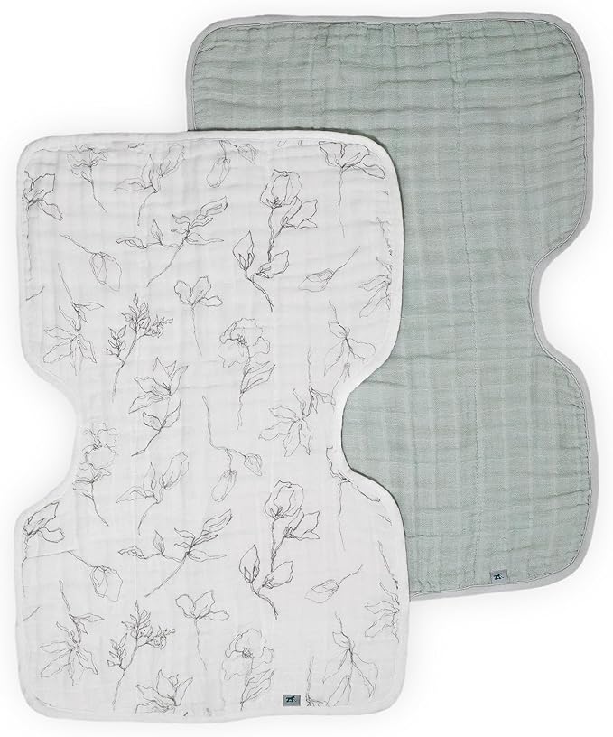 Little Unicorn 100% Natural Organic Cotton Burp Cloth 2 Pack | Ultra-Absorbent & Soft Muslin Fabric | Larger Size & Ergonomic Design (Pencil Floral + White Sage)