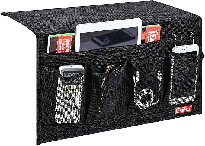 Linen 6 Pockets Bedside Caddy, Bedside Storage Organizer for Magazine, Remotes, Phone (Black)