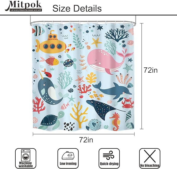 Blue Kids Shower Curtain 72Wx72H Kid Ocean Whale Funny Cartoon Cute Fish Sea Animal Underwater Baby Boy Girl Bathroom Decor Nursery Submarine Coastal Bath Curtain Fabric Polyester 12 Pack Hooks