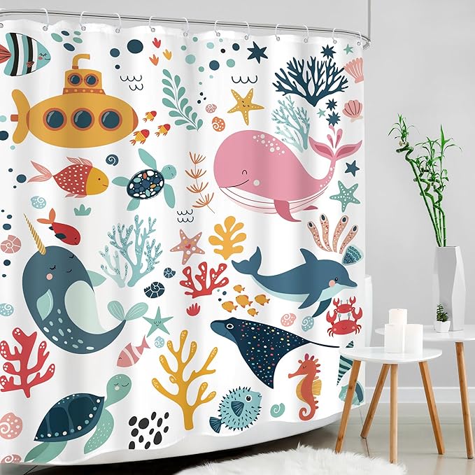 Kids Shower Curtain Ocean Summer Cute Cartoon Whale Funny Kid Bathroom Decor for Nursery Boys Girls Underwater Coastal Submarine Fish Animal 60Wx72H Bath Curtain Fabric Polyester 12 Pack Hooks