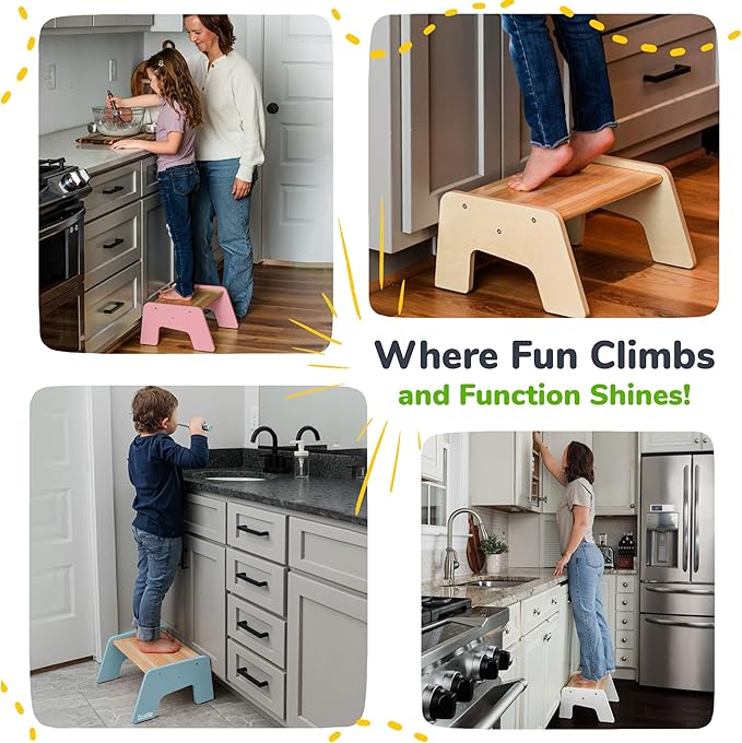 OCODILE 1-Step Wooden Step Stool for Toddlers | Kids Step Stool for Bathroom Sink, Kitchen, and Potty Training | Non-Slip Stool for Toilet Independence | Wooden Step for Children Ages 2+ Pink