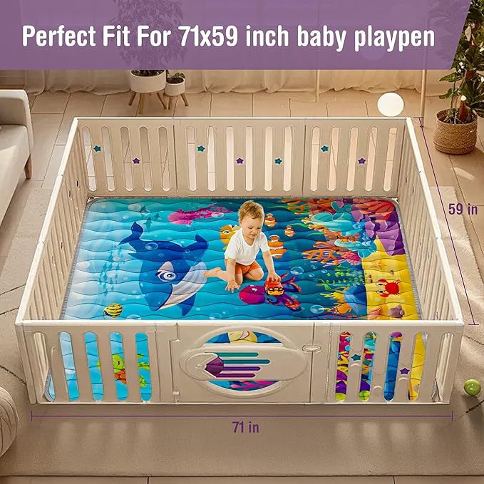 Baby Play Mat, 71"x59" Soft Thicker Playpen Mat, Non-Slip Baby Play Mat for Floor, Portable & Waterproof, Machine Washable Crawling Play Mat for Babies,Toddlers and Infants to Play and Learn,Sea World