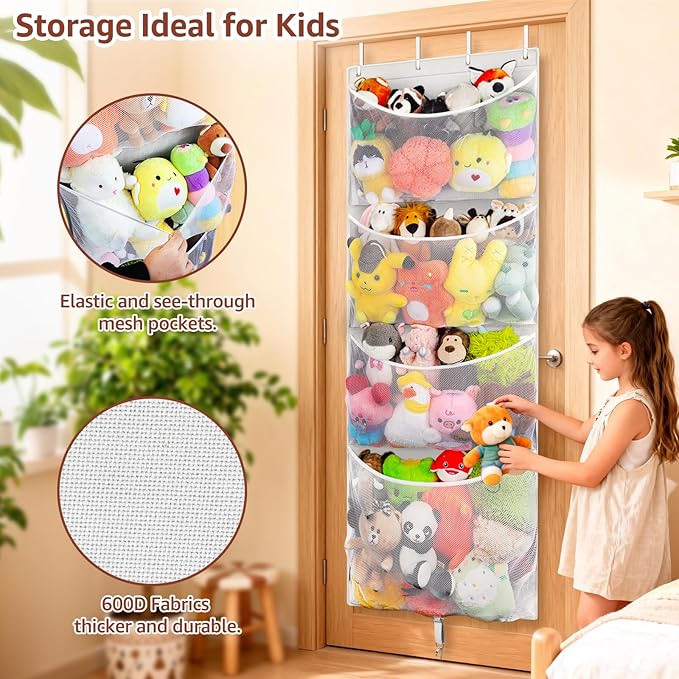 Woodoulogy Hanging Stuffed Animal Storage, Over Door Large Plush Toy Organizer with Metal Hook, Baby Accessory Holder Idea for Nursery, Doll & Bear Mesh Hammock Bag for Girl Boy Kid Room