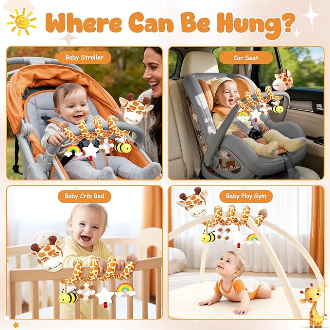 Stuffed Spiral Car Seat Baby Toys 0-6 Months, Infant Giraffe Sensory Toys Hanging Stroller Accessories, Newborn Shower Gifts for Baby Boys Girls Essentials | Cute Colorful Giraffe