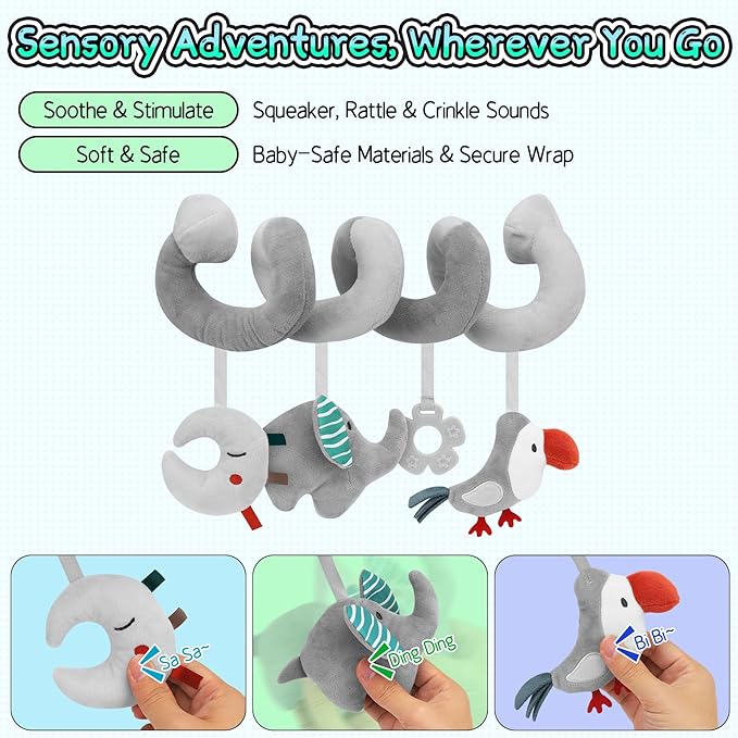FPVERA Car Seat Toys for Babies 0-6 Months: Travel Baby Toy for Soft Hanging Toys for Carseat, Spiral Stroller Activity Toy Plush for Infant Boys Girls, Grey Elephant