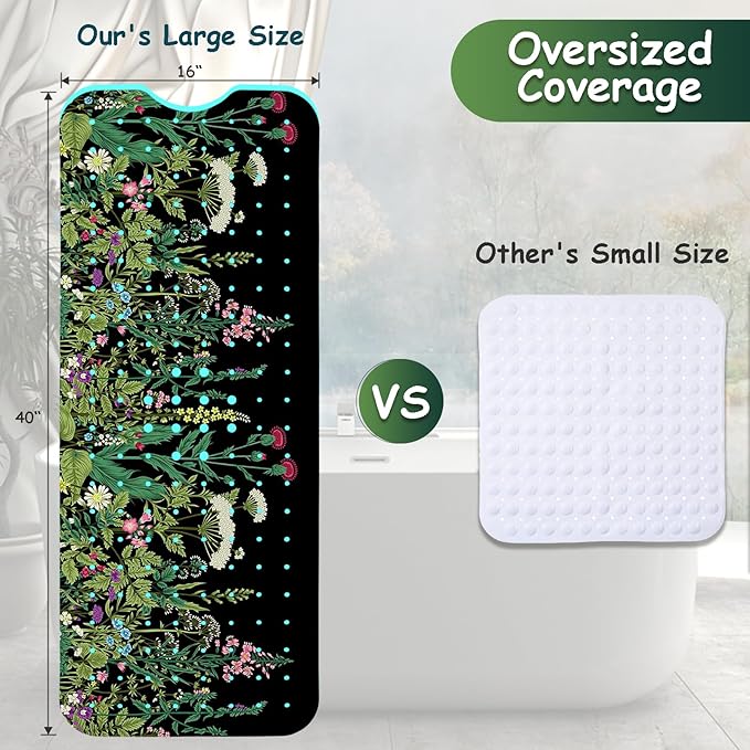Non Slip Bathtub Mat, Flower Bath Mat for Tub, Extra Long Bathtub Mat Shower Mat with Suction Cups and Drain Holes for Elderly Kids Toddler Baby 40 X 16 Inch