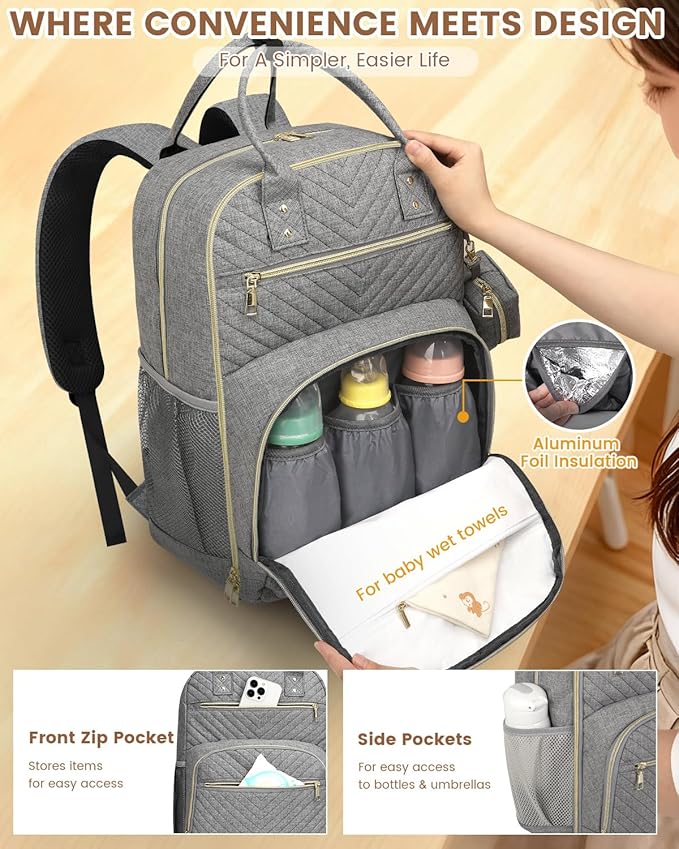 Pritent Diaper Bag Backpack,Baby Essentials Diapers Bag with Pacifier Case,Multipurpose Stylish Large Capacity Travel Backpack for Baby Girl/Boy(L-Grey)