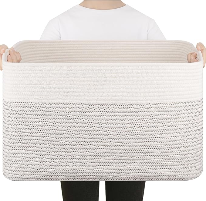 75L Large Blanket Basket, Cotton Rope Woven Storage Basket for Living Room, Toy Bin for Kids, Bedroom, Nursery, Baby Room Decorative Organizer, 22''×17''×12'', Black & White