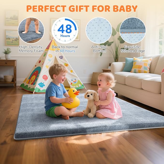 Omzer Baby Play Mat for Floor - 1.3" Thick Foam 74x50 Inch Playpen Mats with Removable & Washable Cover for Tummy Time, Soft Coral Velvet & Non-Slip Crawling Pad for Babies, Toddlers, Infants - Grey