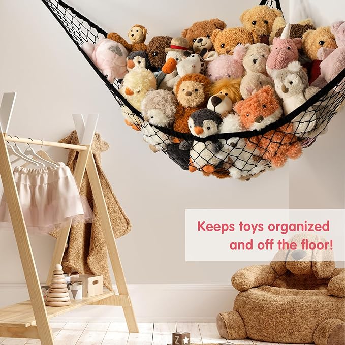 Stuffed Animal Storage Hammock Net Corner - Large Toy Hammock Net for Stuffed Animals Room Decor - Cute Stuff Animal Organizer Holder for Plush Plushie - Kids Baby Nursery Wall Bedroom Home Decor