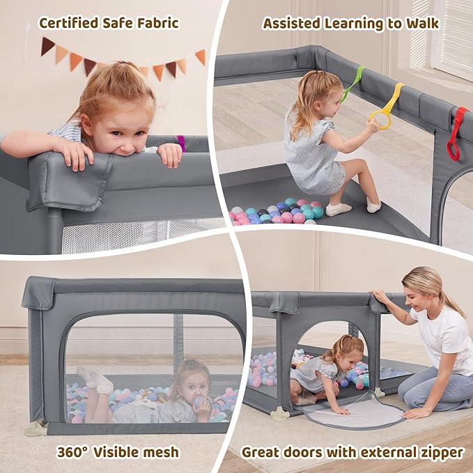 Dripex Large Baby Playpen 71×59 Inch, Large Playpen for Babies and Toddlers- Indoor & Outdoor Kids Safe Play Yard, Soft Breathable Visible Mesh, Anti-Fall & Anti-Slip Design Baby Fence, Light Grey