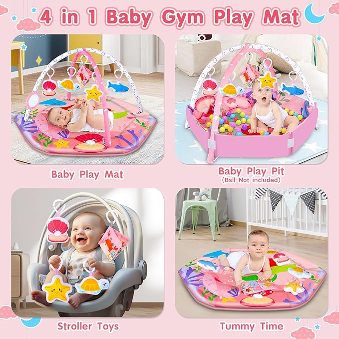 8-in-1 Tummy Time & Ball Pit, Baby Play Gym Floor Mat, Activity Mat for Infants & Toddlers 0-12 Months (Pink)