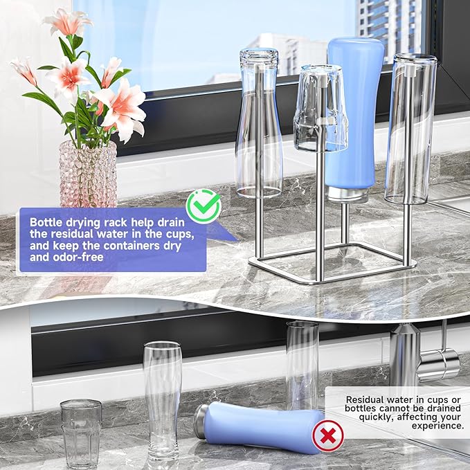 Water Bottle Drying Rack Reusable Bottle Rack Dryer Kitchen Stand Holder Metal Countertop Baby Bottle Drying Rack Water Cup Drying Rack for Plastic Bags, Bottles and Cups (Sliver, Small)