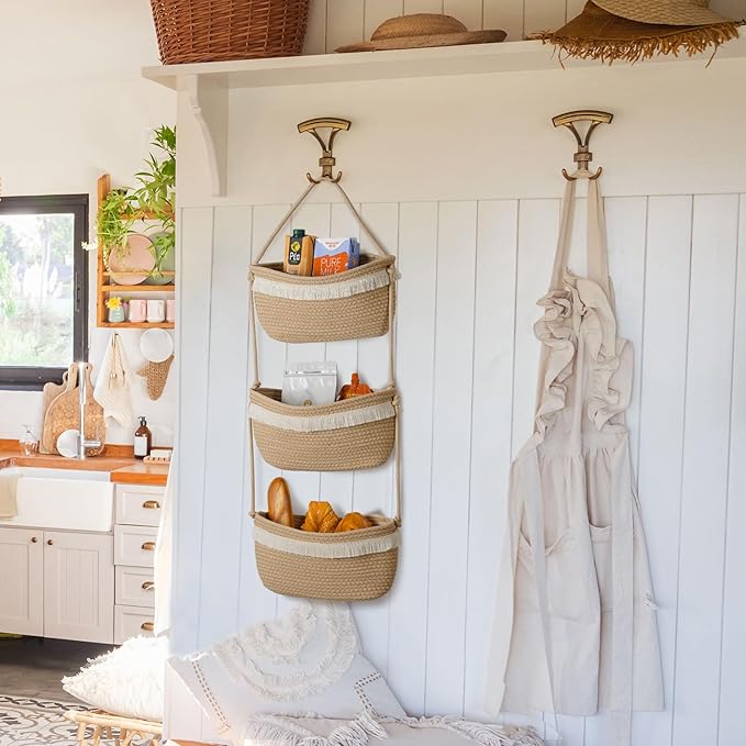 Over The Door Organizer Hanging Basket for Nursery Decor Stuffed Animal Storage Baskets Boho Wall Decor Basket for Bathroom Bedroom Playroom - Beige
