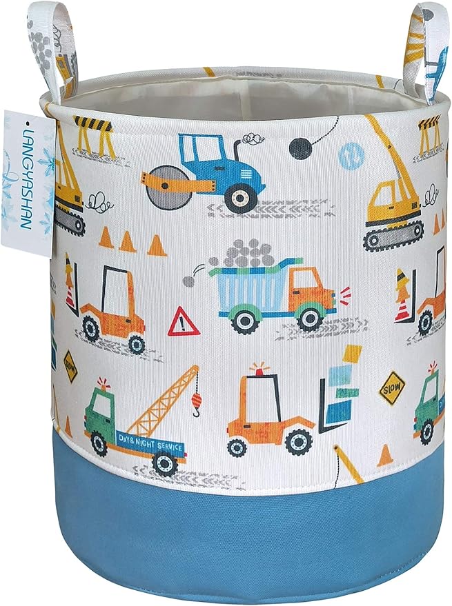LANGYASHAN Laundry Basket Cotton Collapsible Organizer Storage Basket for Boys girls Laundry Hamper Toy Bins Gift Baskets Bedroom Clothes Children Nursery(Engineering Car)