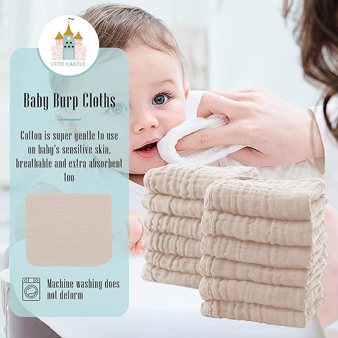 Cute Castle 24 Pack Muslin Burp Cloths for Baby - Ultra-Soft 100% Cotton Baby Washcloths - Large 20'' by 10'' Super Absorbent Milk Spit Up Rags - Burpy Cloths for Unisex, Boy, Girl - Brown
