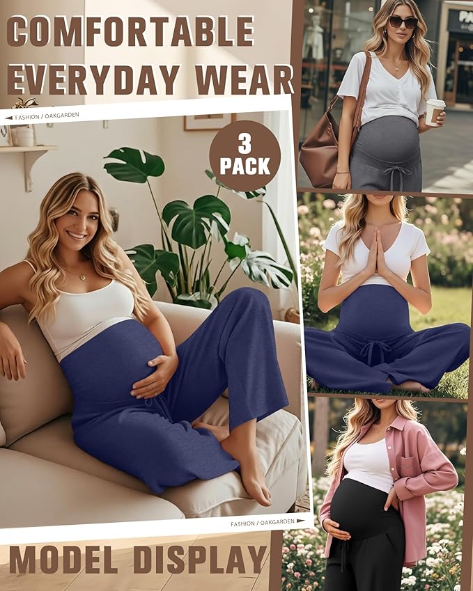 3 Pcs Maternity Sweatpants Over The Belly Pregnancy Straight Wide Leg Elastic Drawstring Pants Joggers with Pockets