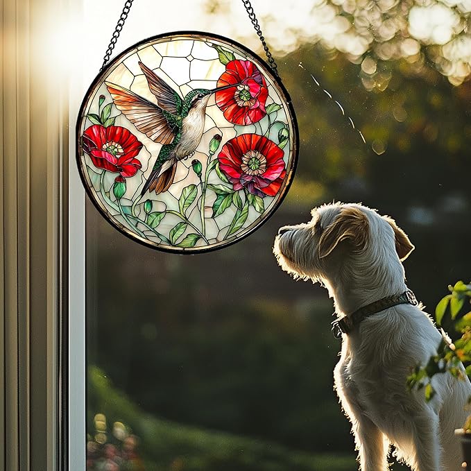 JOSUMALY Stained Glass Window Hanging - Green Hummingbird Red Flower Suncatcher for Door Terrace Garden Home Decor Bird Landscape Sun Catcher Birthday Gifts for Lovers Women Men Dad Mom Nana 9.8 in