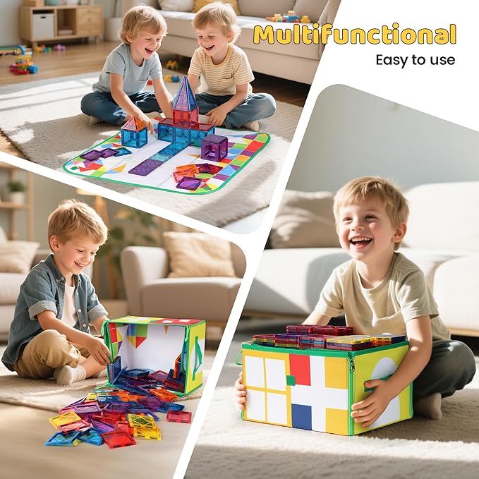 Magnetic Tiles Storage Bin & Interactive Playmat - Foldable Toy Organizer for Magnetic Tile, Portable Kids Storage with Handles,12.6x11.4x7.7inPlay Space for Home,Travel,Classroom,Outdoor Adventures