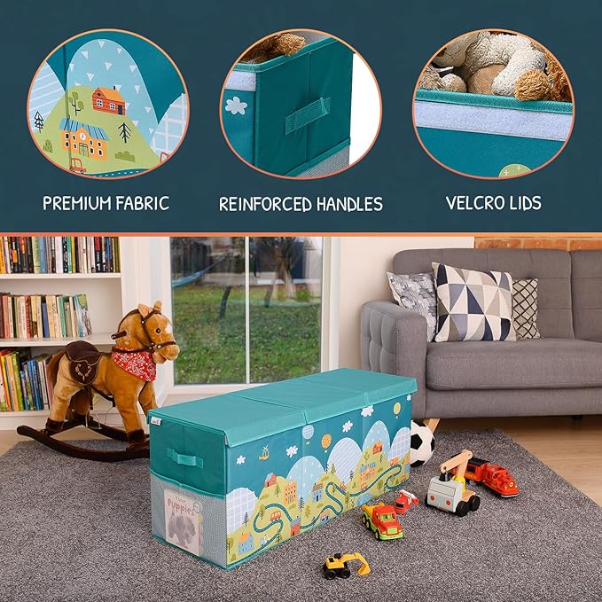 SoftOwl Extra Large Toy Storage Organizer with Lid - Sturdy, Collapsible Toy Chest Storage Box with Cute Design - Toys Bin with Dividers for Kids, Boys, Girls, Nursery, Bedroom, Play room 37"x16"x14"