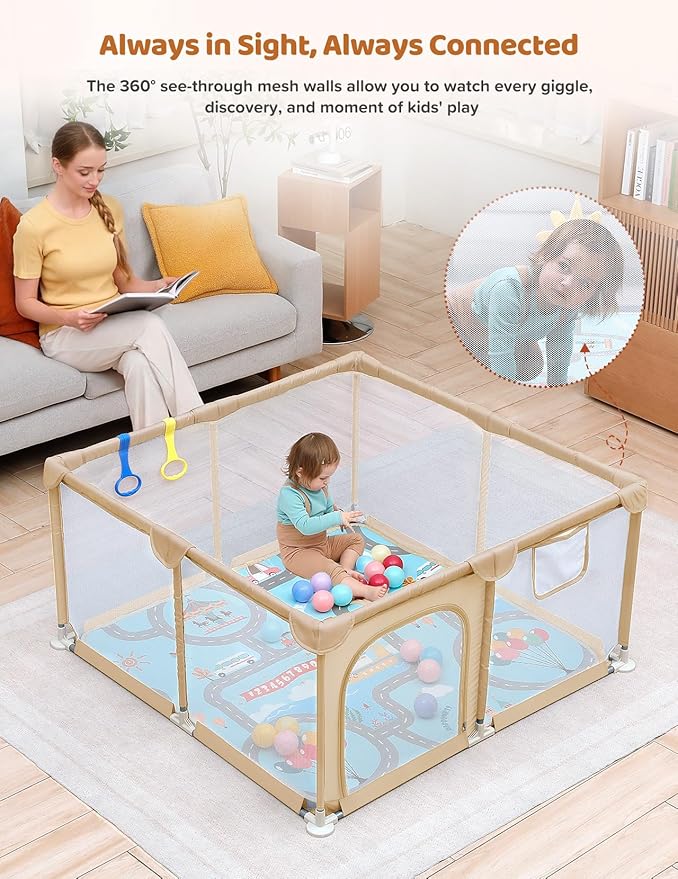 Dripex Baby Playpen with Mat, 47"x47" Play Pen for Toddlers 1-3 Years, Soft Breathable Visible Mesh, Indoor/Outdoor Portable Play Yard with Mat, Safe Baby Fence Play Area, Beige