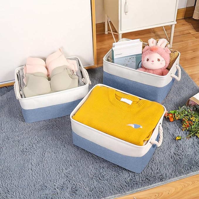 LordCom Storage Bins with Sturdy Cotton Handles(3 Pack), Fabric Storage Baskets for Organizing use for Office & Home, Book, Clothes, Toys, Closet Boxes (Large, Blue-White, 15.7x11.8x7.9 inches)