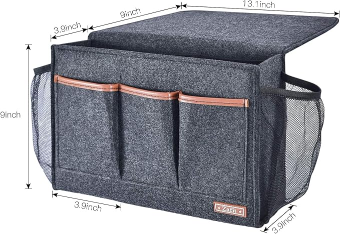 Zafit Bedside Caddy, Large Size Storage Organizer with 8 Pockets - Holds Magazines, Remotes, Phone (13.4'' x 18.1'', Dark Grey)