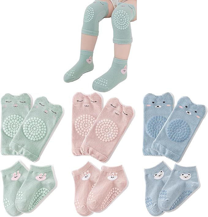TFTSR Baby Knee Pads for Crawling (3 Pairs) and Baby Socks for Walking (3 Pairs), Walking Protector for Toddler Kid Girls Boy