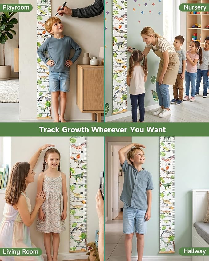 Mibote Baby Growth Height Chart Handing Ruler Wall Decor for Kids, Canvas Removable Height Growth Chart 79" x 7.9" (Various Dinosaurs)