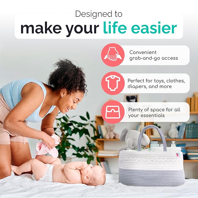 Babynma Rope Diaper Caddy - Storage for Baby and Toddler Items - Portable Cotton Organizer Easily Holds Diapers, Wipes, Clothing - Useful for Nursery, Bedroom (Gray, Regular)