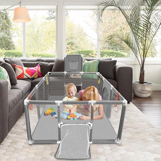 74"×50" Large Playpen for Babies and Toddlers, Kids Playyard with Basketball Hoop & Football Nets, Comes with a Storage Carry Bag, Pull Up Rings, Sturdy Safety Play Pen w/Soft Breathable Mesh (Grey)