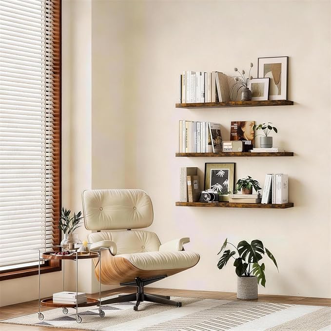 BAYKA Floating Shelves, 22.5 inches Rustic Wood Wall Shelves for Bathroom，Bedroom, Living Room, Kitchen & Book, Hanging Display Decor Organization Shelf with 22 lbs Capacity (Rustic Brown)