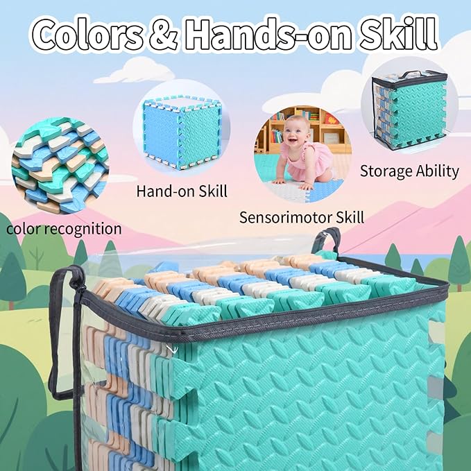 Coolcandy Baby Foam Play Mat 16Pcs with Edge Strips, 4 Colors Interlocking Floor Tiles, 0.4″ Thickened Non-Slip Puzzle Floor Mat for Infants Toddlers Playroom & Daycare