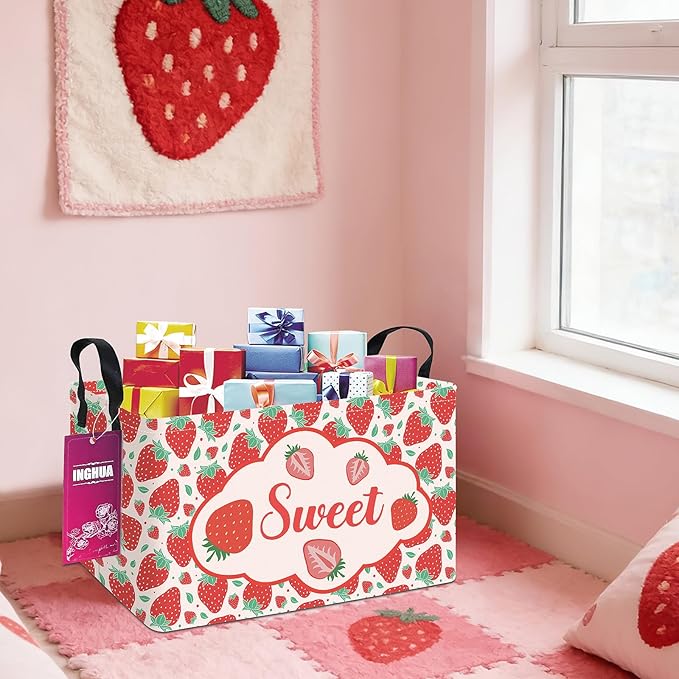 INGHUA Rectangular Storage Basket Fabric Organizer Bin for Toys,Books,Clothes,Gifts,Pets-Perfect for Home,Office,Nursery,Dorm,Shelf(Rec-strawberry)